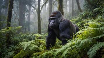 A majestic gorilla stands in a misty forest, surrounded by lush ferns and greenery. photo