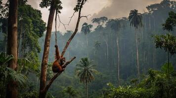 An orangutan hangs from a tree in a lush, misty rainforest, showcasing wildlife in its habitat. photo