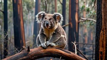 A koala perched on a charred tree branch in a burned forest, highlighting environmental impact. photo