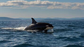 An orca swimming in ocean waters with a backdrop of distant mountains and clouds. photo