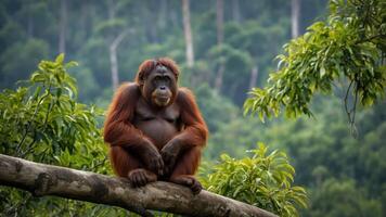 An orangutan sitting on a branch in a lush forest setting. photo