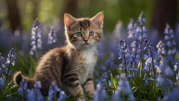 A playful kitten surrounded by blue flowers in a serene natural setting. photo