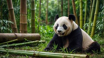 A giant panda resting amidst bamboo in a serene, green environment. photo