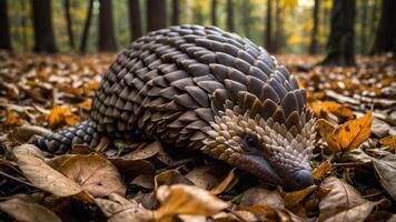 A pangolin camouflaged among autumn leaves in a forest setting. photo