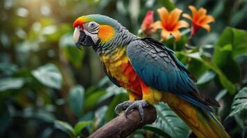 A colorful parrot perched on a branch amidst vibrant flowers and lush green foliage. photo