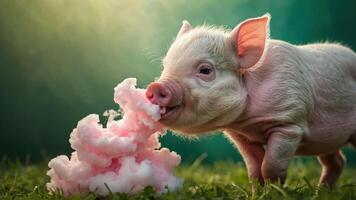 A playful piglet enjoying a fluffy pink cotton candy treat in a grassy setting. photo
