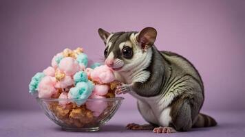 A sugar glider enjoying colorful cotton candy and popcorn in a playful setting. photo