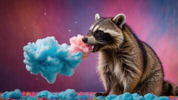 A raccoon playfully interacts with colorful cotton candy clouds. photo