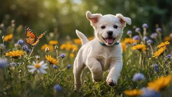 A playful puppy runs through a colorful flower field with a butterfly nearby. photo