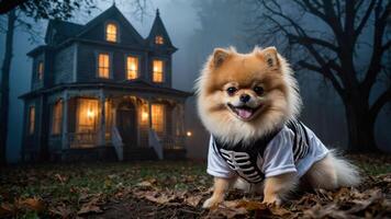 A playful dog dressed in a skeleton outfit poses in front of a spooky, lit house. photo