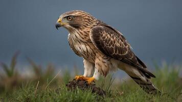 A hawk stands majestically on a mound, showcasing its sharp features and powerful stance. photo