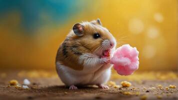 A cute hamster enjoying a piece of pink cotton candy in a colorful setting. photo