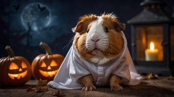 A guinea pig dressed in a ghost costume beside carved pumpkins and a lantern in a spooky setting. photo