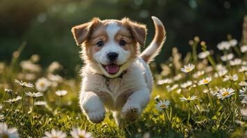 A playful puppy running joyfully through a field of daisies in warm sunlight. photo