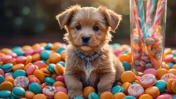 A cute puppy sitting among colorful candies and macarons, creating a playful atmosphere. photo
