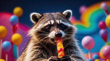 A raccoon enjoying a colorful candy in a vibrant, whimsical setting. photo