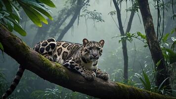 A jaguar resting on a tree branch in a misty rainforest. photo