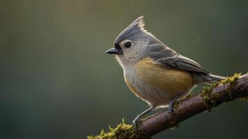 A small bird perched on a mossy branch, showcasing its vibrant feathers and curious expression. photo