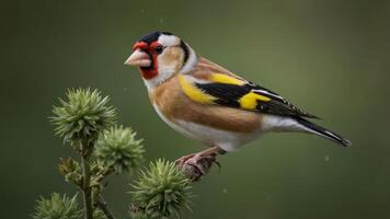 A colorful goldfinch perched on a branch with green buds in a natural setting. photo