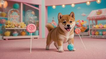 A playful Shiba Inu surrounded by colorful candies in a whimsical setting. photo