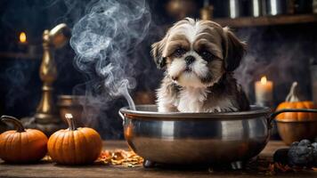 A dog sits in a pot with steam, surrounded by pumpkins and autumn leaves. photo