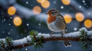 A bird perched on a snow-covered branch with glowing lights in the background. photo