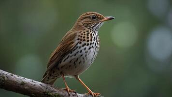 A close-up of a speckled bird perched on a branch in a natural setting. photo