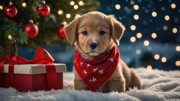 A cute puppy with a red scarf sits by a Christmas tree and presents in a festive setting. photo