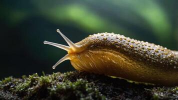 A close-up of a slug on moss, showcasing its texture and environment. photo