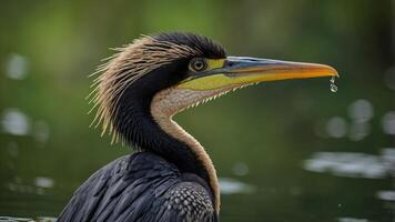 A close-up of a bird with a striking beak and wet feathers, perched near water. photo