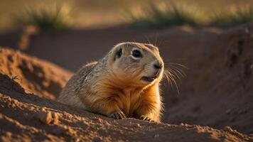 A close-up of a prairie dog emerging from its burrow in a natural setting. photo