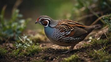 A colorful bird with intricate patterns walking on the ground amidst greenery. photo