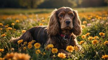 A brown dog resting in a field of yellow flowers during golden hour. photo