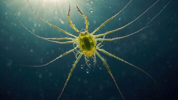 A close-up of a translucent underwater creature with long appendages. photo