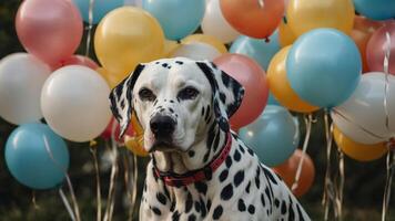 A Dalmatian dog sits in front of colorful balloons, creating a festive atmosphere. photo