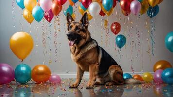 A German Shepherd sits amidst colorful balloons and confetti, celebrating a joyful occasion. photo