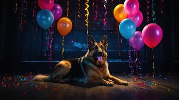 A cheerful German Shepherd surrounded by colorful balloons at a festive celebration. photo
