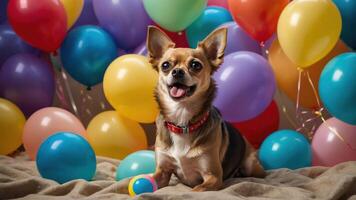 A cheerful dog poses among colorful balloons, creating a festive atmosphere. photo