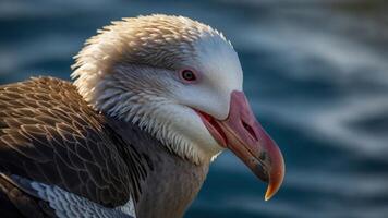 Close-up of a bird with distinctive features against a blurred water background. photo