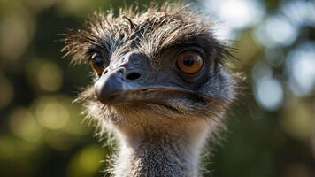 Close-up of an ostrich with expressive eyes and textured feathers. photo