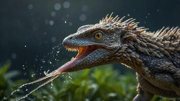 A close-up of a lizard with spiky features, capturing water droplets in a natural setting. photo