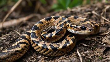 A close-up of a coiled snake resting on the ground, showcasing its distinctive patterns. photo