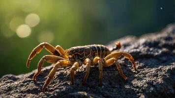 A close-up of a crab on a rock with a blurred natural background. photo