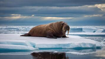 A walrus resting on an ice floe in a serene Arctic landscape. photo
