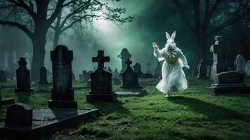 A haunting scene of a figure in a rabbit costume wandering through a misty graveyard. photo