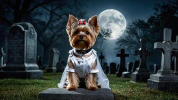A dog in a ghostly setting, wearing a costume, poses in a graveyard under a full moon. photo