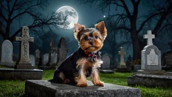 A small dog poses on a gravestone under a full moon in a spooky graveyard setting. photo