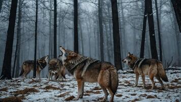 A pack of wolves howling in a misty forest during winter. photo