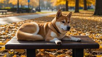 A relaxed dog lying on a bench amidst colorful autumn leaves in a park. photo