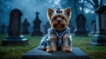 A small dog poses on a gravestone in a misty graveyard, creating a spooky atmosphere. photo